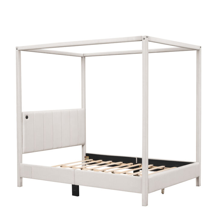 Queen Size Canopy Platform Bed with USB and Type C Ports, Canvas, Beige