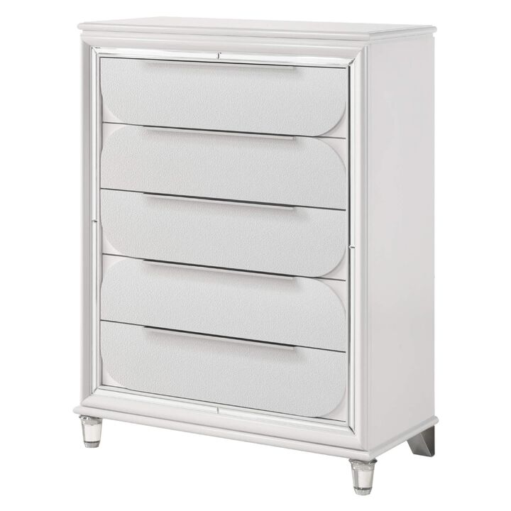 Benjara RARA 51 Inch Tall Dresser Chest, 5 Drawer, Mirror Trim, Acrylic, White and Silver