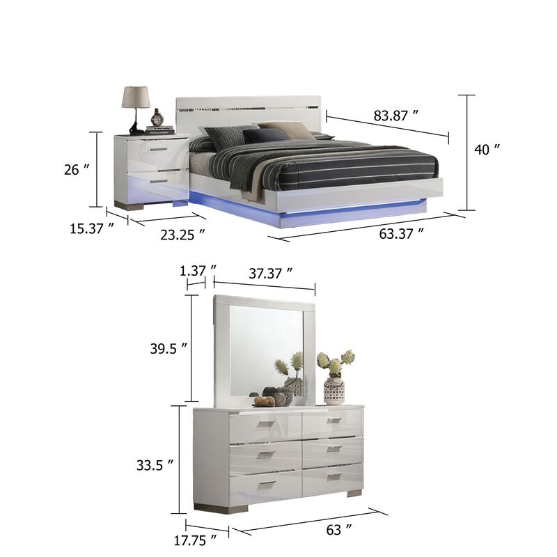 Pero 4pc Queen Bedroom Set with LED, Chrome and White, Dresser Mirror image number 4