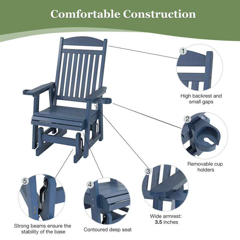 Poly Lumber Patio Glider for One Person, Ergonomic Deep Seat and High Backrest, with Removable Cup Holders, Wood-Like Pattern, Heavy Duty 700 LBS, for Outdoor Patio Garden Yard image number 5