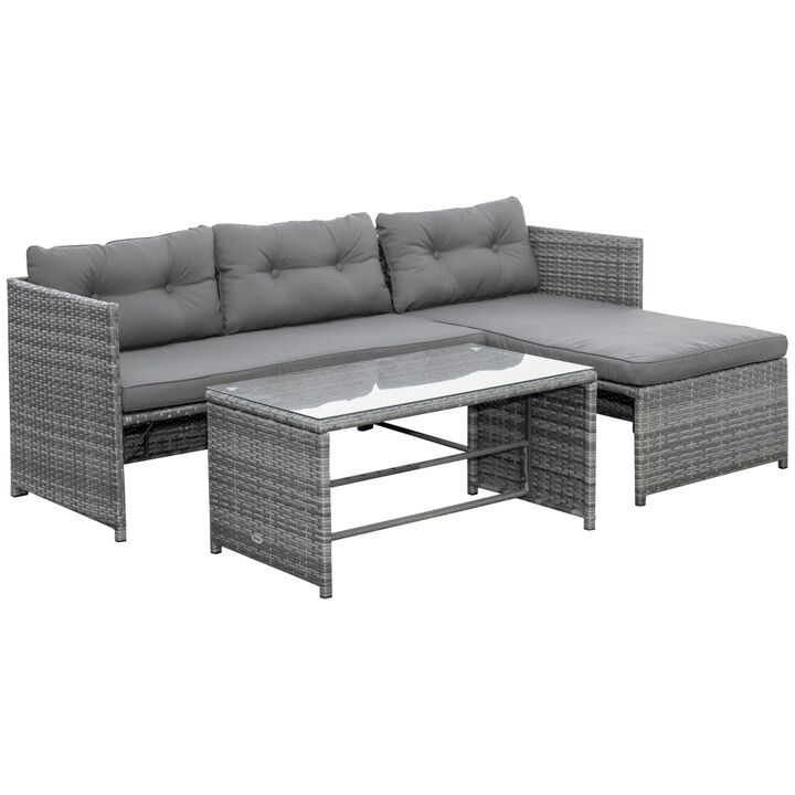 3-Piece Rattan Patio Furniture Sofa Set Conversation Set, Sectional Lounge Chaise Cushioned for Garden Poolside or Porch Lounging, Grey