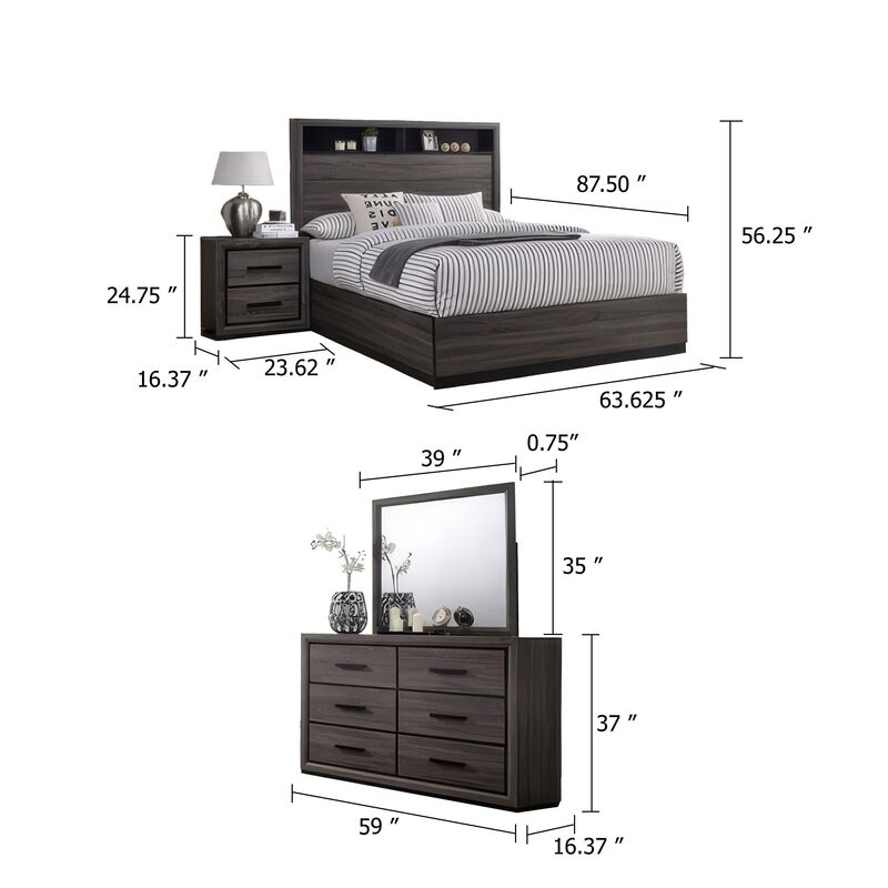 Kalie 4pc Queen Bedroom Set with Bookcase Headboard, Storage, Gray Wood image number 5