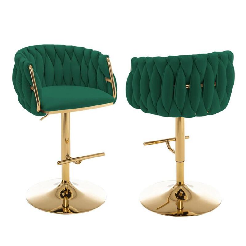 Best Quality Furniture Vlevet Upholstered barstool in Emerald Green with a gold color base (SET OF 2)
