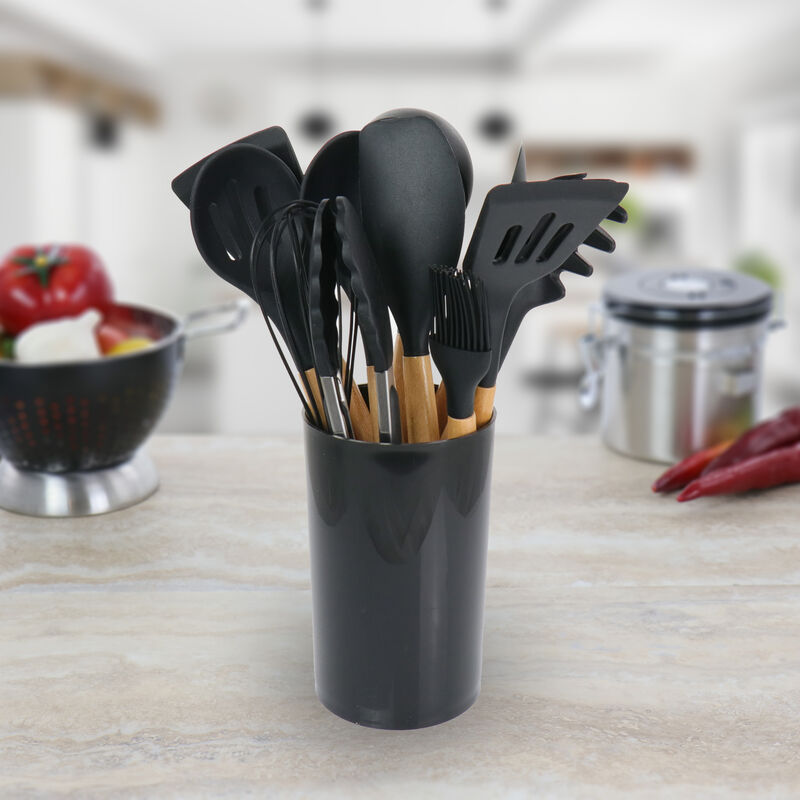 MegaChef Black Silicone and Wood Cooking Utensils, Set of 12