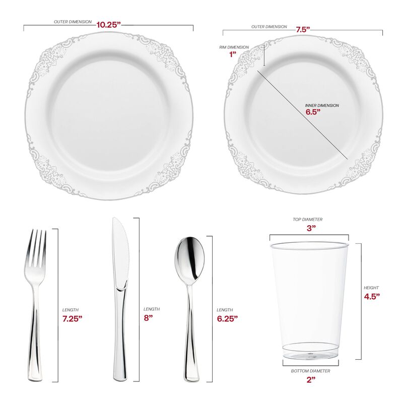 White with Silver Fancy Round Plastic Wedding Value Set (120 Sets) image number 2