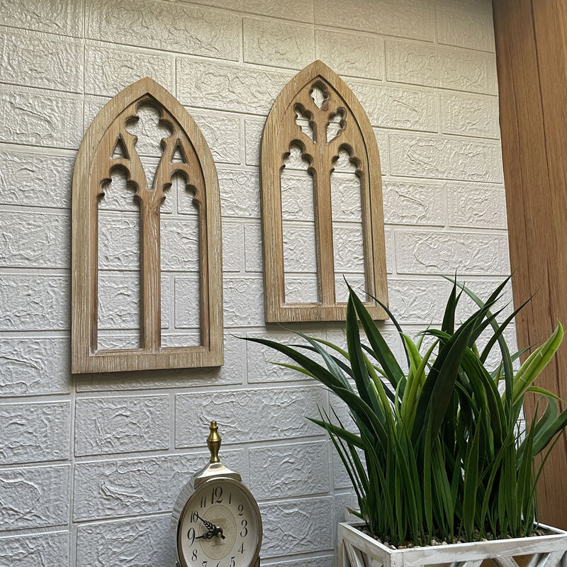 Whitewashed Wood Gothic Arch Window Frame Wall Decor 2 Piece Set image number 1