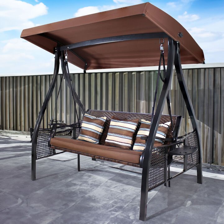 Sunnydaze 3-Person Steel Patio Swing Bench with Side Tables/Canopy