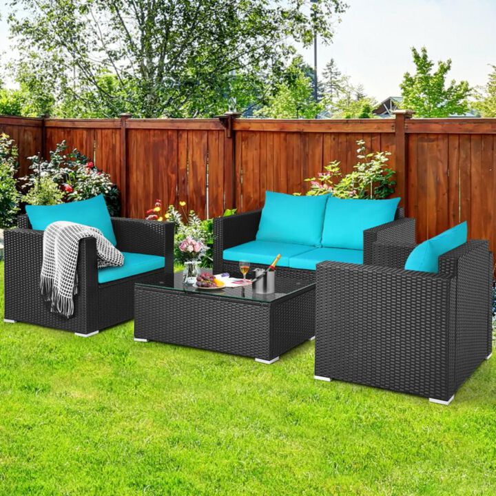 Hivvago 4 Pieces Patio Rattan Conversation Set with Padded Cushions