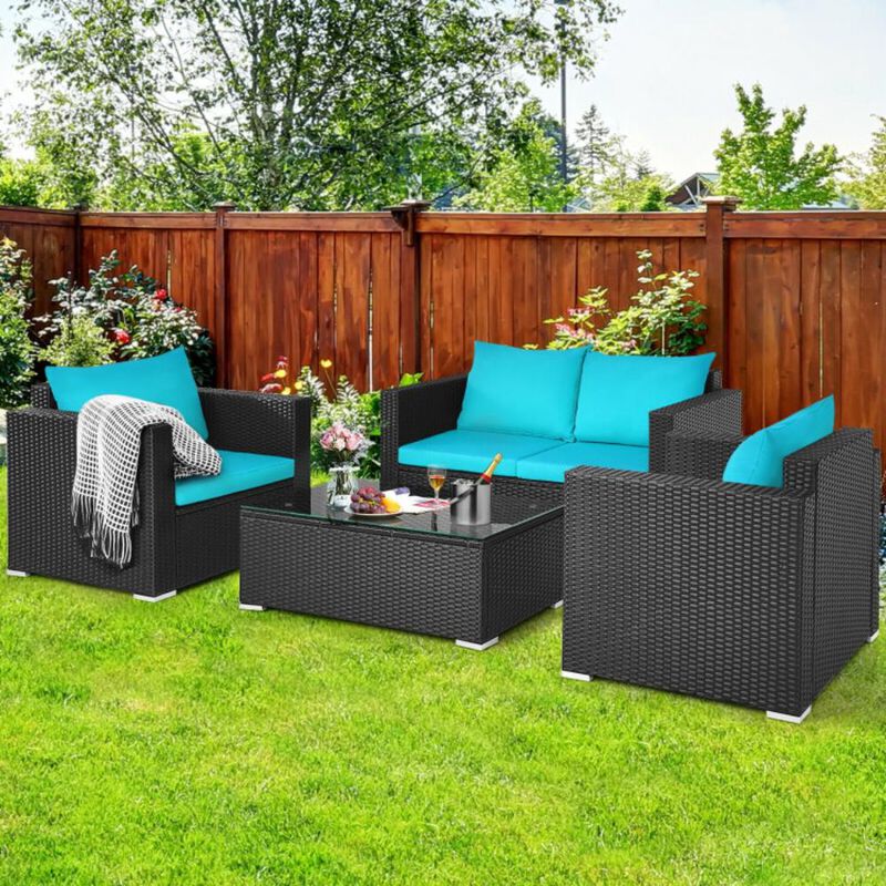 Hivvago 4 Pieces Patio Rattan Conversation Set with Padded Cushions
