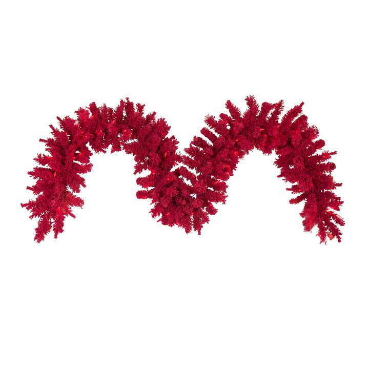 Vickerman 9' Flocked Red Artificial Christmas Garland, Red Dura-Lit LED Lights. - Faux Fir Christmas Garland - Indoor Seasonal Home Decor