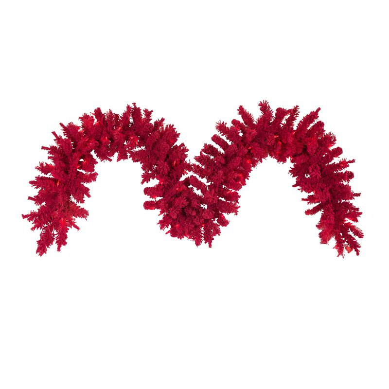Vickerman 9' Flocked Red Artificial Christmas Garland, Red Dura-Lit LED Lights. - Faux Fir Christmas Garland - Indoor Seasonal Home Decor image number 0