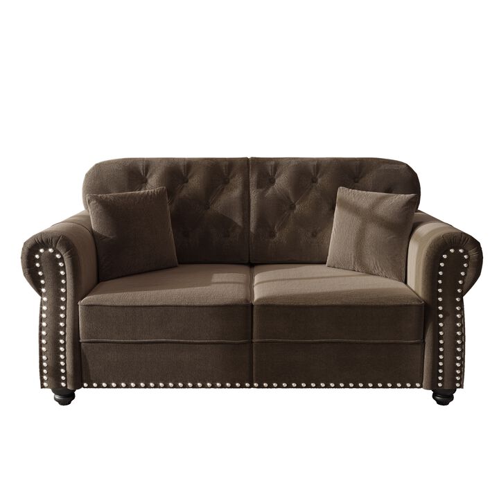Whisen 63" Velvet Chesterfield Sofa, Mid-Century Modern Tufted Loveseat with Nailhead & 2 Pillows