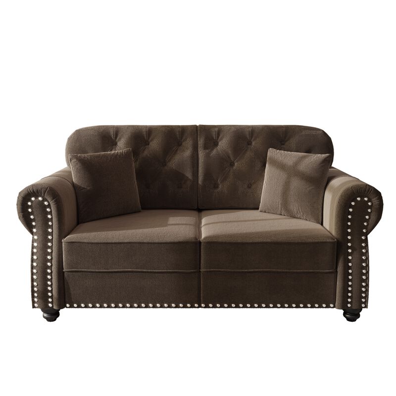 Whisen 63" Velvet Chesterfield Sofa, Mid-Century Modern Tufted Loveseat with Nailhead & 2 Pillows image number 0