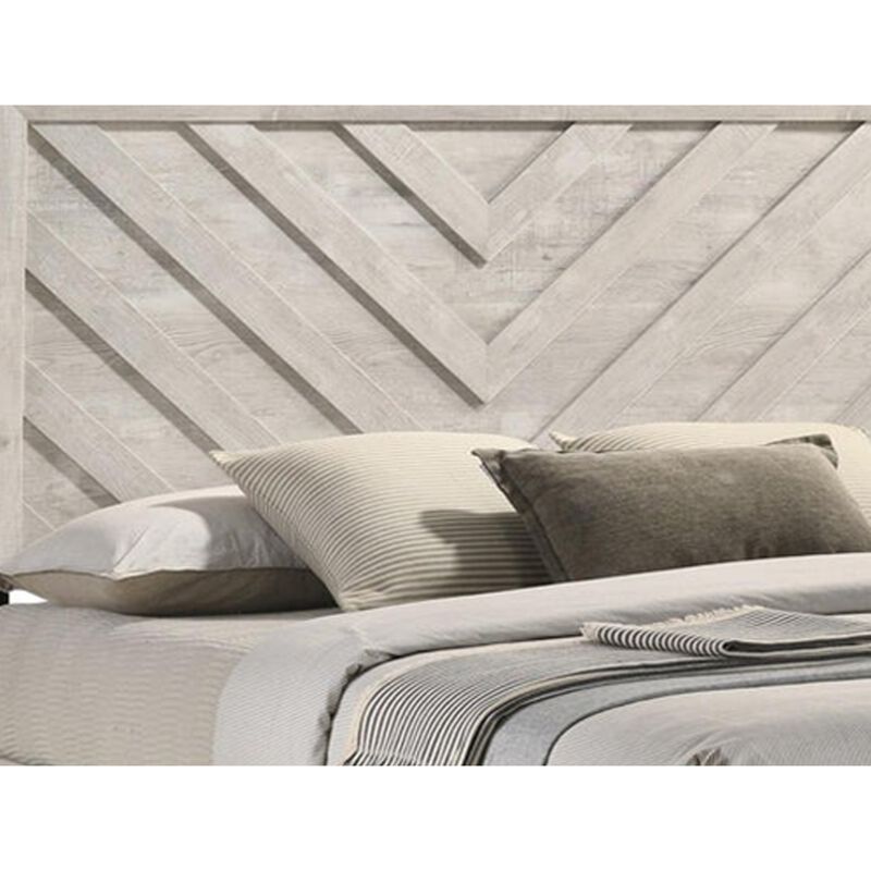 Velz King Size Bed w Chevron Patterned Headboard, Beige Wood Finish