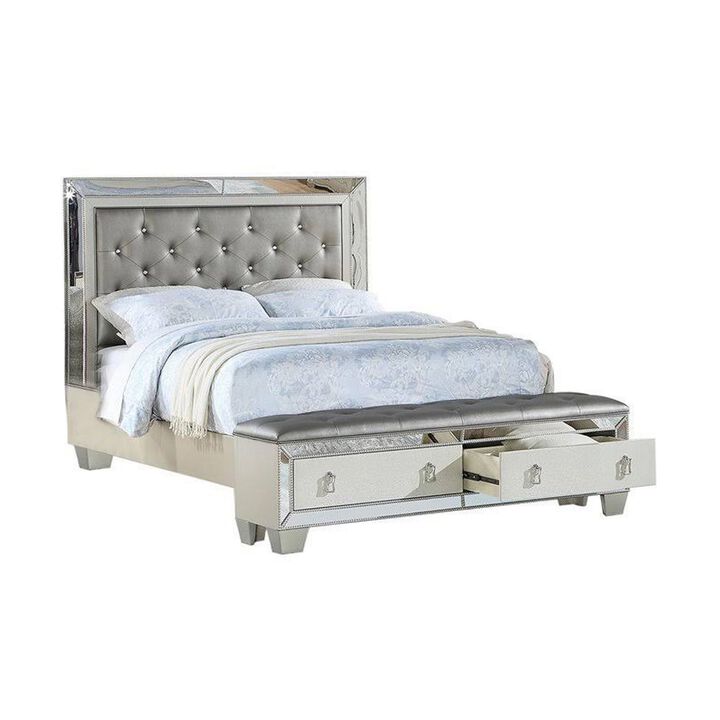 Reva California King Bed, Storage Bench, Upholstered Silver Faux Leather - Benzara