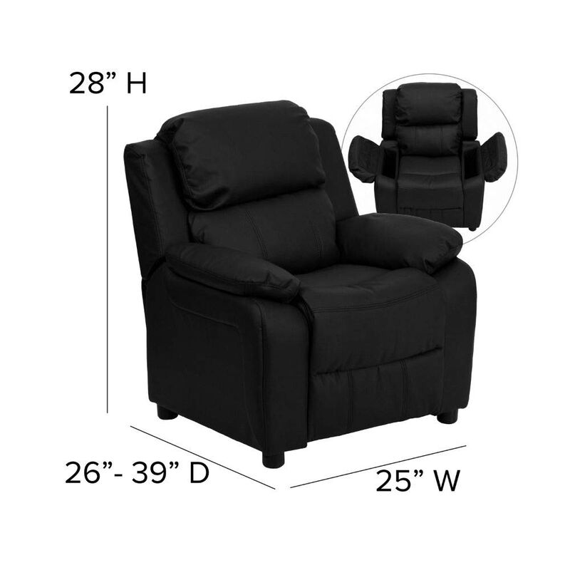 Flash Furniture Charlie LeatherSoft Kids Recliner with Flip-Up Storage Arms and Safety Recline, Contemporary Reclining Chair for Kids, Supports up to 90 lbs., Black