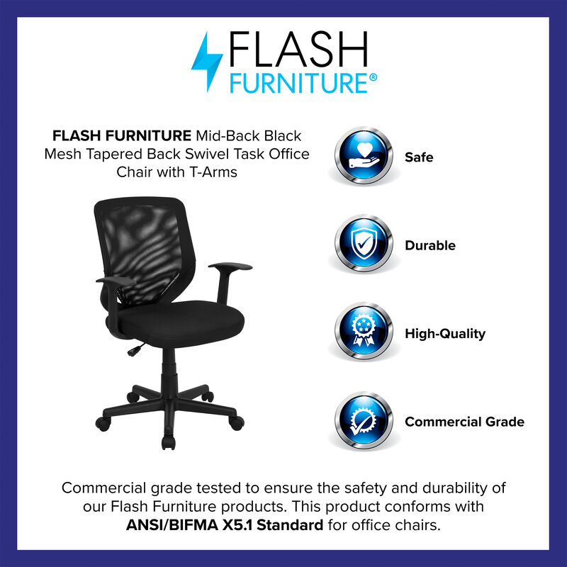 Norris Mid-Back Black Mesh Tapered Back Swivel Task Office Chair with T-Arms image number 9