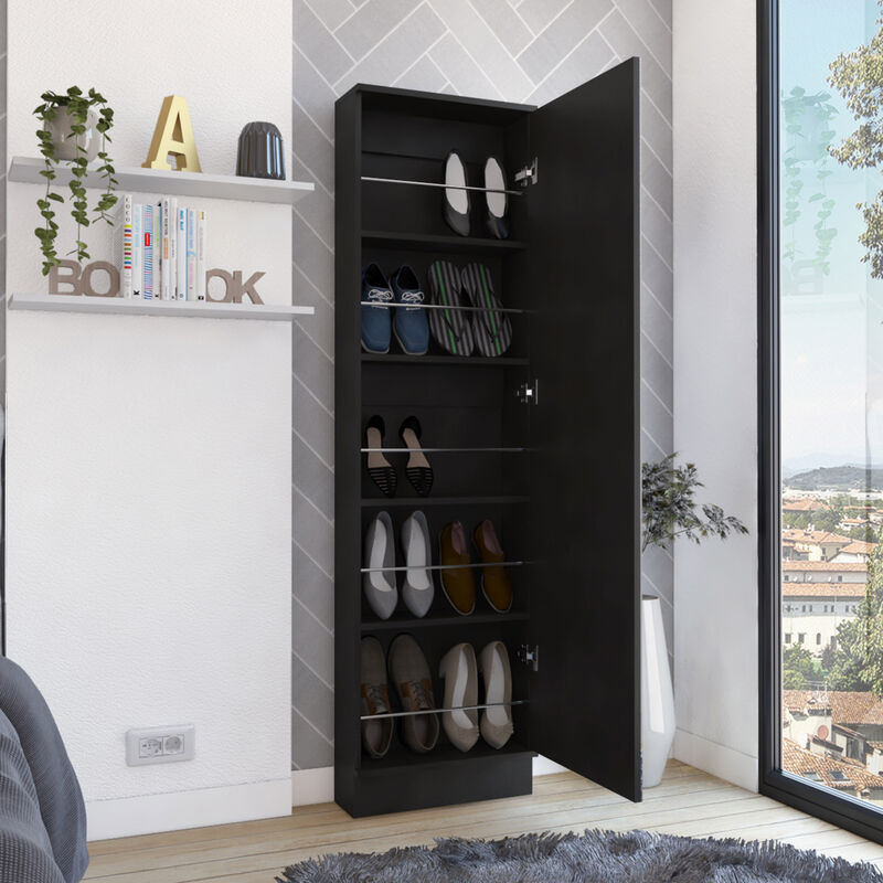 Leto XL Shoe Rack, Mirror, Five Interior Shelves, Single Door Cabinet - Black