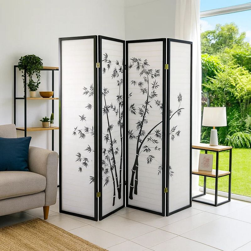 Wood and Paper 4 Panel Room Divider with Bamboo Print, White and Black image number 5