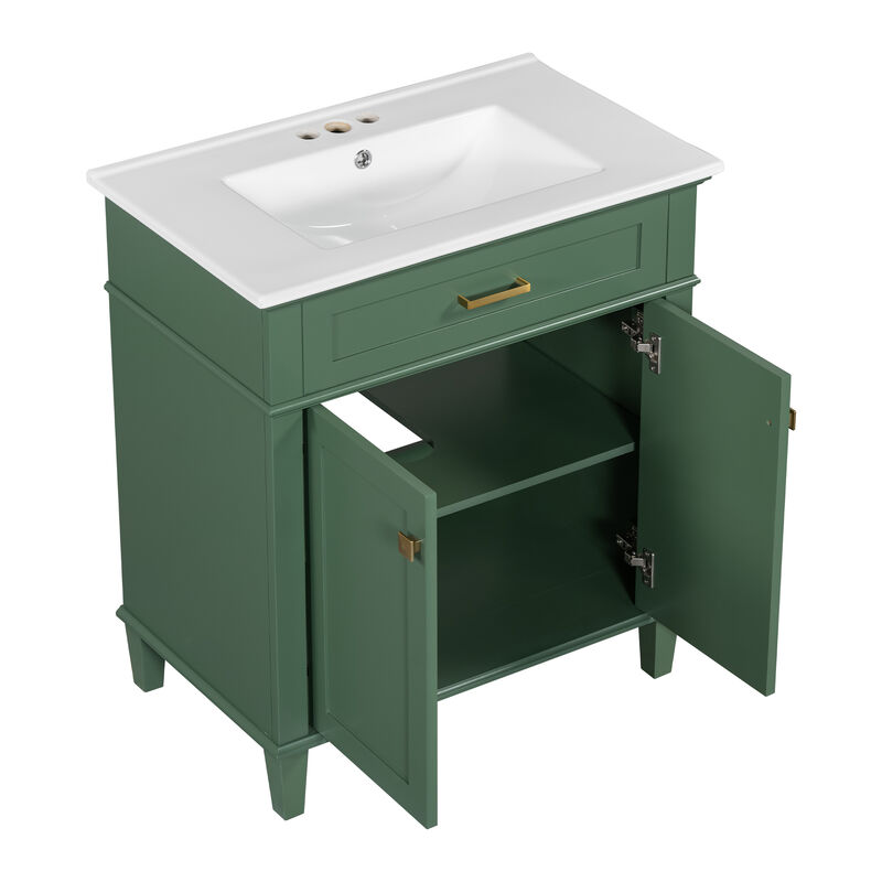 Whisen 30-inch bathroom vanity with ceramic basin, soft close door and adjustable shelves
