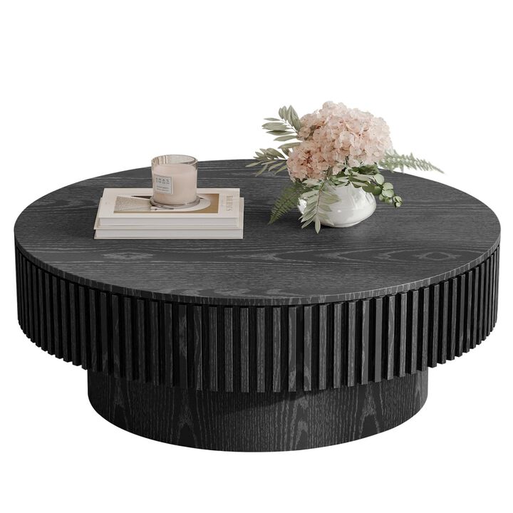 LKTART 31.5'' Black Coffee Table Modern Nesting Round Wood Handcrafted Relief Tea Table with Sturdy Pedestal for Apartment Livin