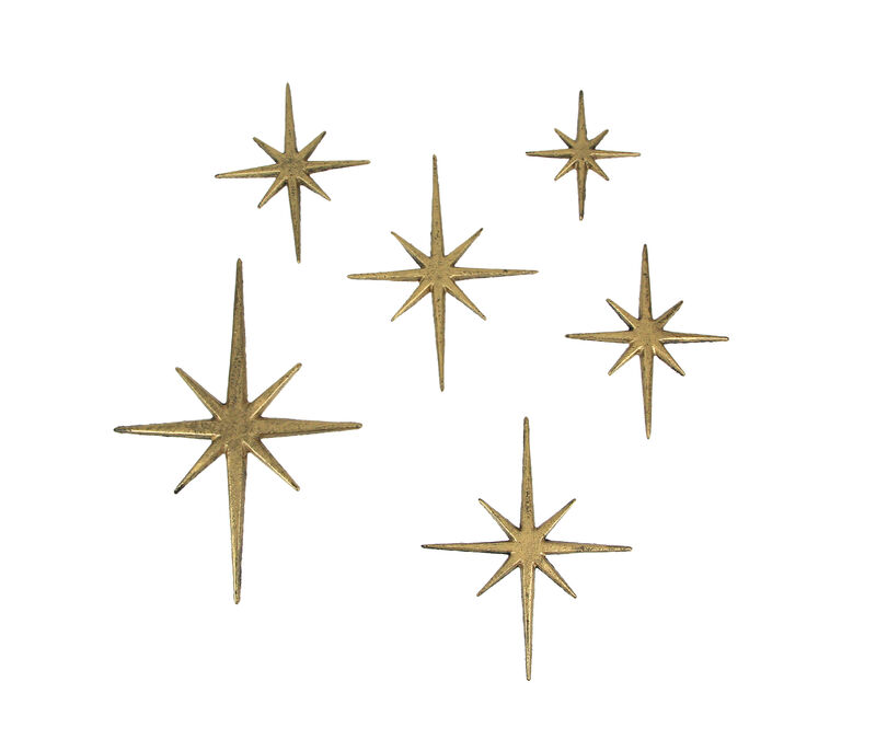 Set of 6 Metallic Gold Cast Iron Starburst Wall Hangings 8 Pointed Stars image number 0