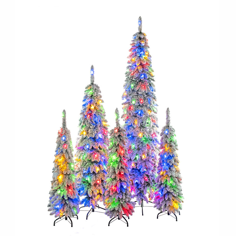 Whisen 8FT, 6FT, 4FT x 3 Pre-Lit Pencil Christmas Trees, 5-set Slim Artificial Christmas Tree With Snow Flocking, Xmas Holiday Decoration Tree, 1820 Branch Tips, 350 LED Lights image number 4