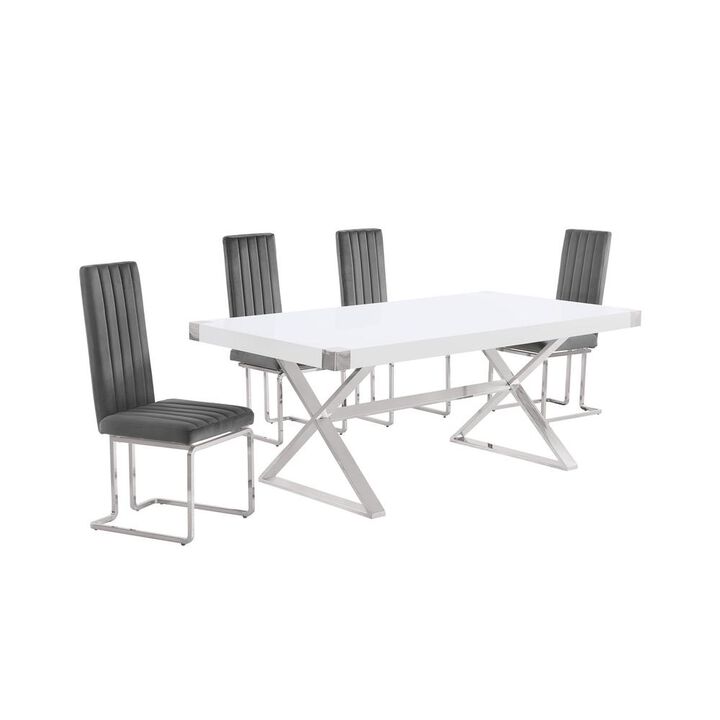 Best Quality Furniture 5pc Small(78) white wood top dining set with silver base and 4 chairs