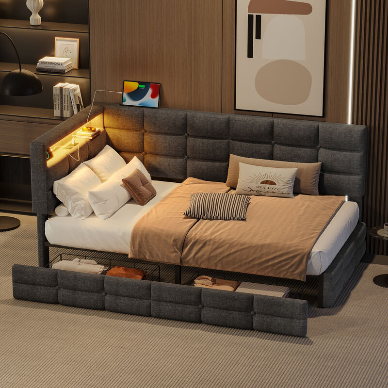 Merax Twin Size Upholstered Daybed with Storage 2 Drawers, Charging Station, LED Lights & Storage Headboard