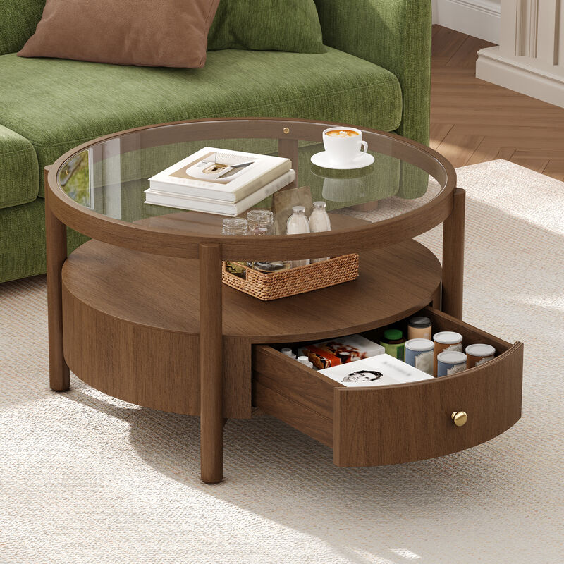 Whisen 29.5" Round Glass Top Coffee Table, Solid Wood 2-Tier Coffee Table with Drawer, Mid-Century Modern Center Table for Living Room image number 3