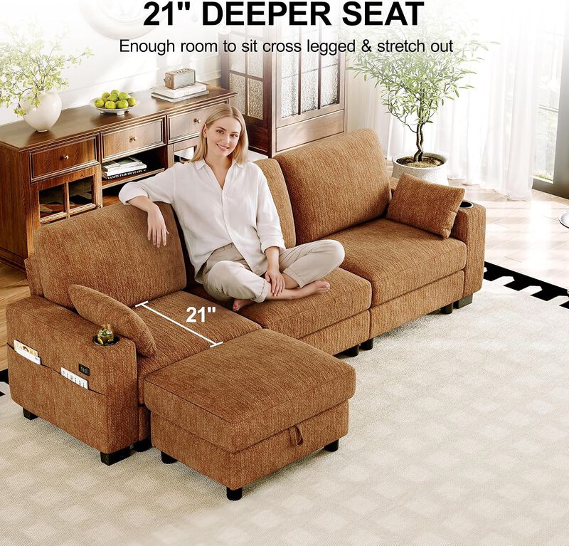 Vipbear 100 Inch Modular Sectional Sofa, Soft Chenille L Shaped Couch with Moveable Storage Ottoman image number 6