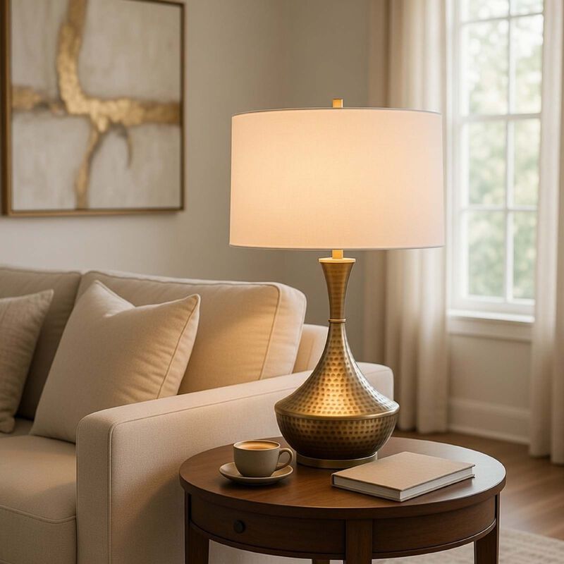 Table Lamp, White Linen Shade, Hammered Antique Brass Retro Hourglass Shape image number 8