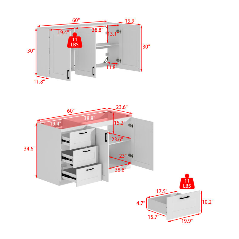 FUFU&GAGA Modern Kitchen Storage Sideboard with 3-Drawers & 5-Doors, Modular Cabinet Organizer, (60 in. W x 23.6 in. D x 64.6 in. H), White