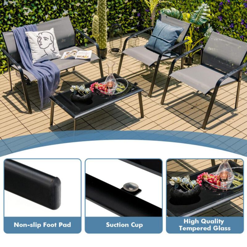 Hivvago 4 Pieces Patio Furniture Set with Armrest Loveseat Sofas and Glass Table Deck