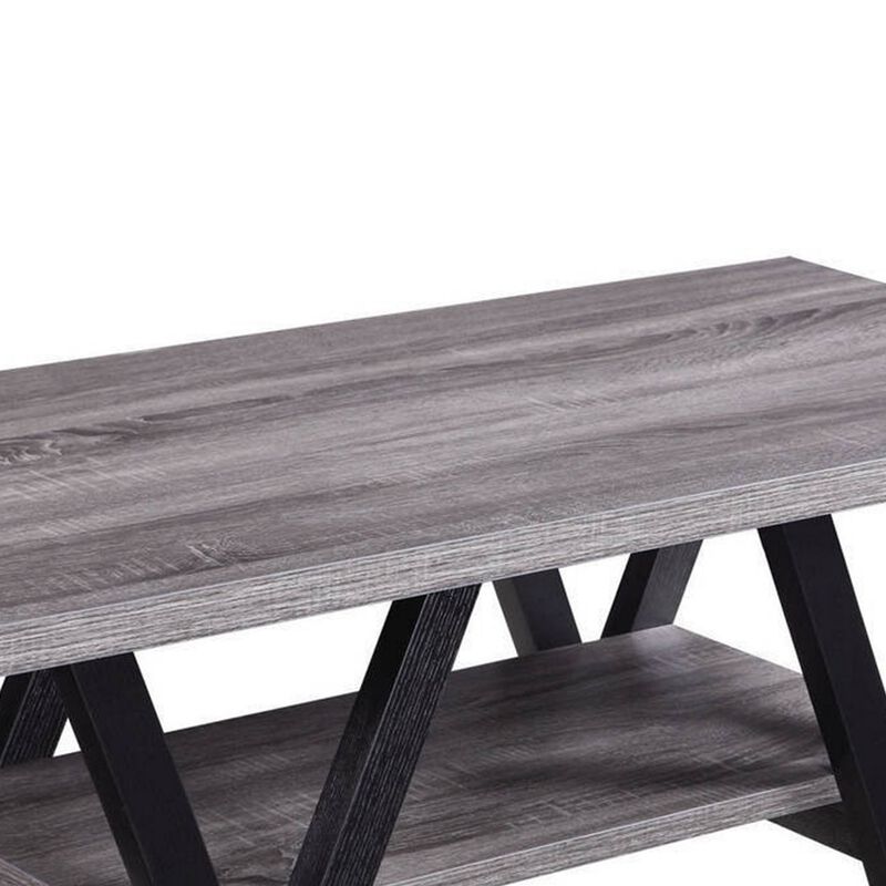 Zigzag Contemporary Solid Wooden Coffee Table With Bottom Shelf, Gray And Black-Benzara