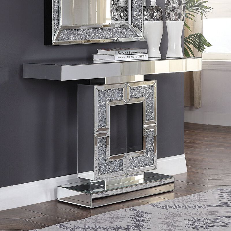 Wood and Mirror  Console Table with Square Keyhole Pedestal, Clear-Benzara