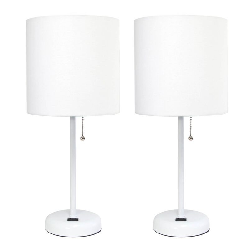 LimeLights White Stick Lamp with Charging Outlet and Fabric Shade - 2 Pack Set