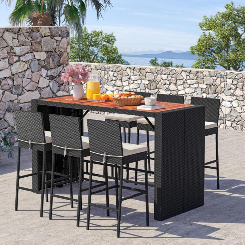 Hivvago 7 Pieces Patio Rattan Bar Set with Seat Cushions for Porch Yard Garden