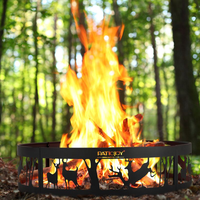 36 Inch Metal Fire Pit Ring Deer with Extra Poker Bonfire Liner for Campfire