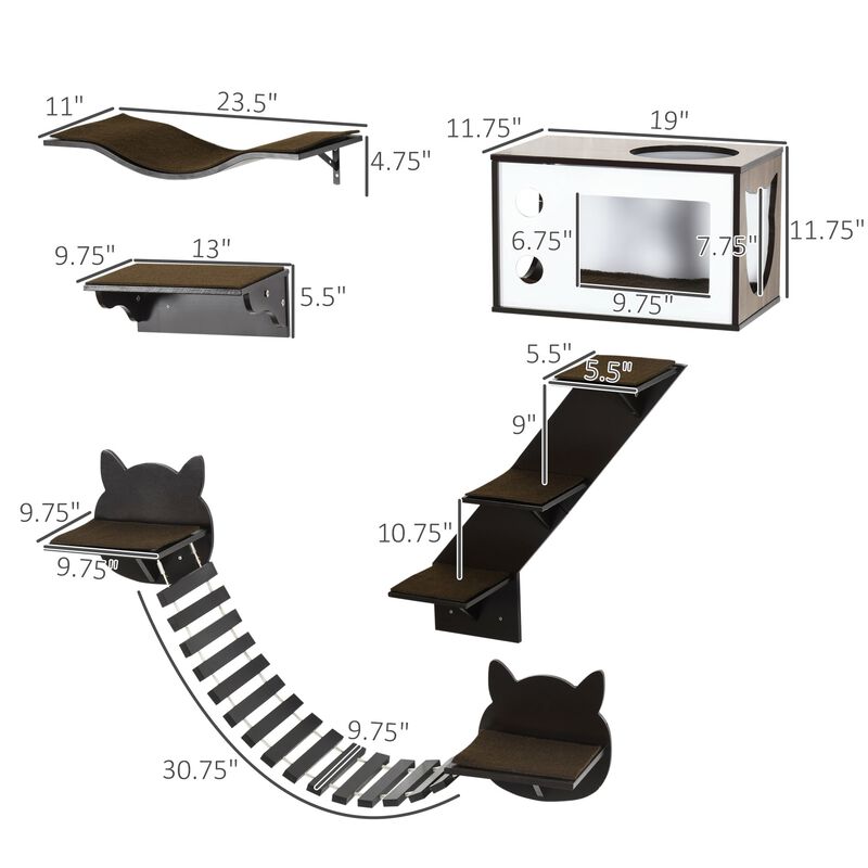 5PCs Cat Wall Shelves Pet Wall-mounted Climbing Shelf Set with Cushion Condo Jumping Platform Ladder Brown