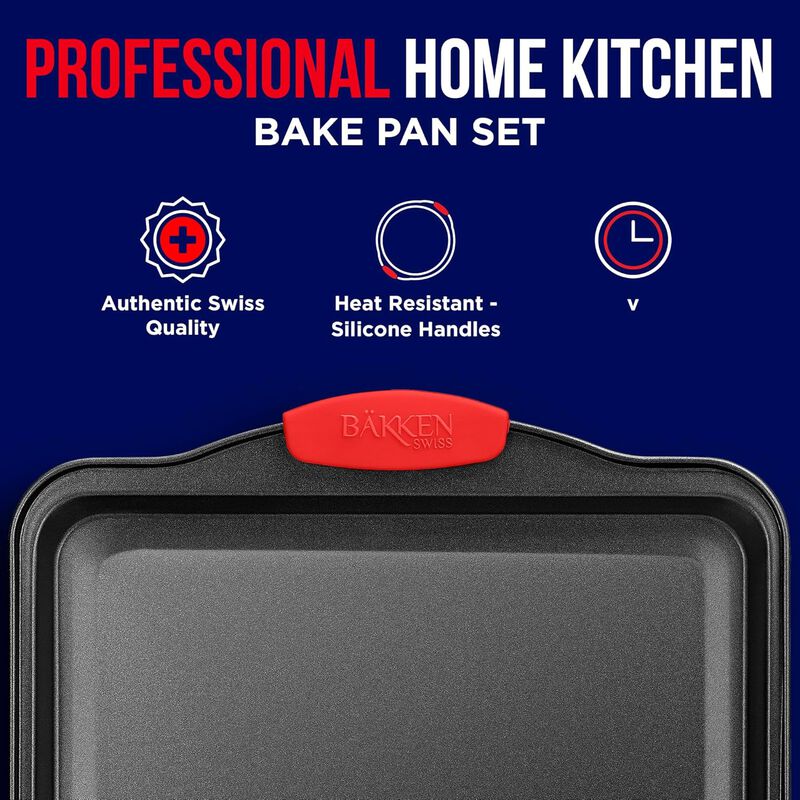 Nonstick Cookie Sheet Pan Carbon Steel Oven Tray Sheet Pan with Red Silicone Handles - Bakeware Pan Tray with Gray Coating Inside & Outside