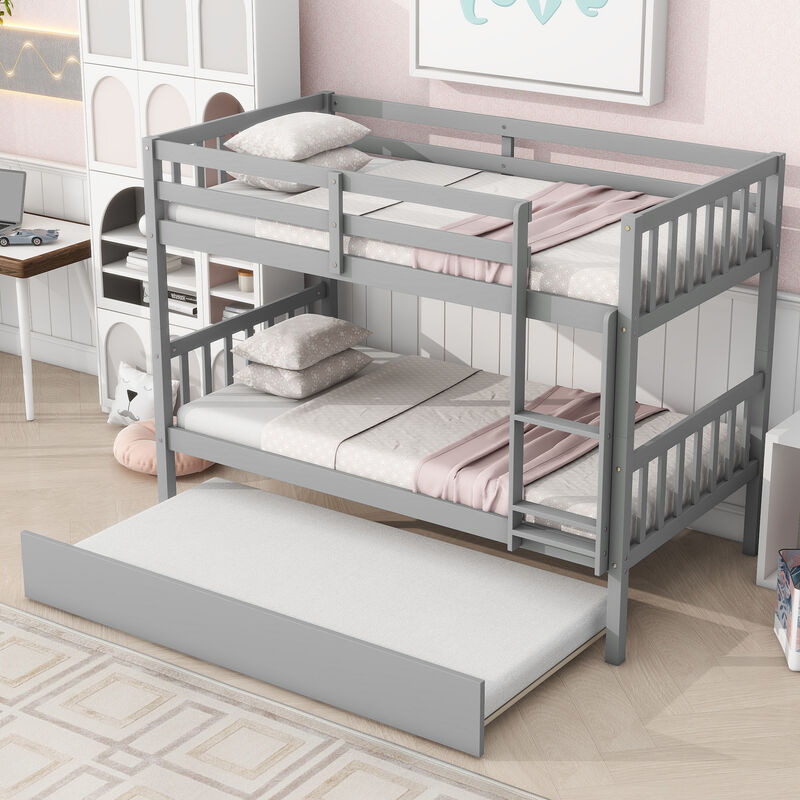 Whisen Twin Over Twin Rubber Wood Bunk Bed with Trundle, Convertible into Twin Size Beds, Twin Size Bunk Bed with Ladder and Safety Guardrails - White