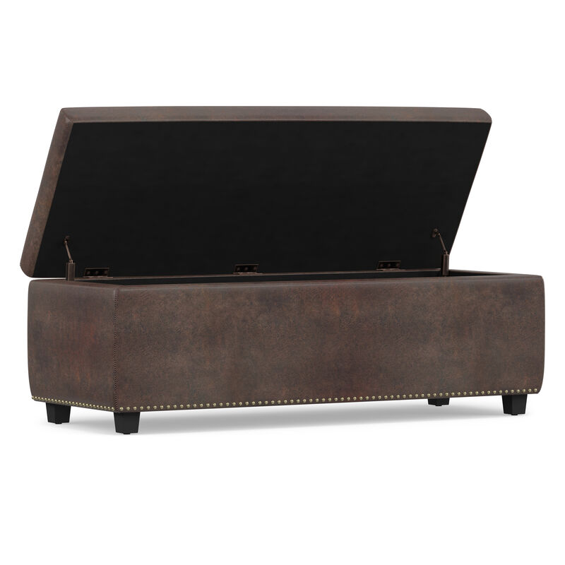 Hamilton 48 inch Wide Transitional Rectangle Storage Ottoman in Distressed Brown Vegan Faux Leather, Assembled image number 2