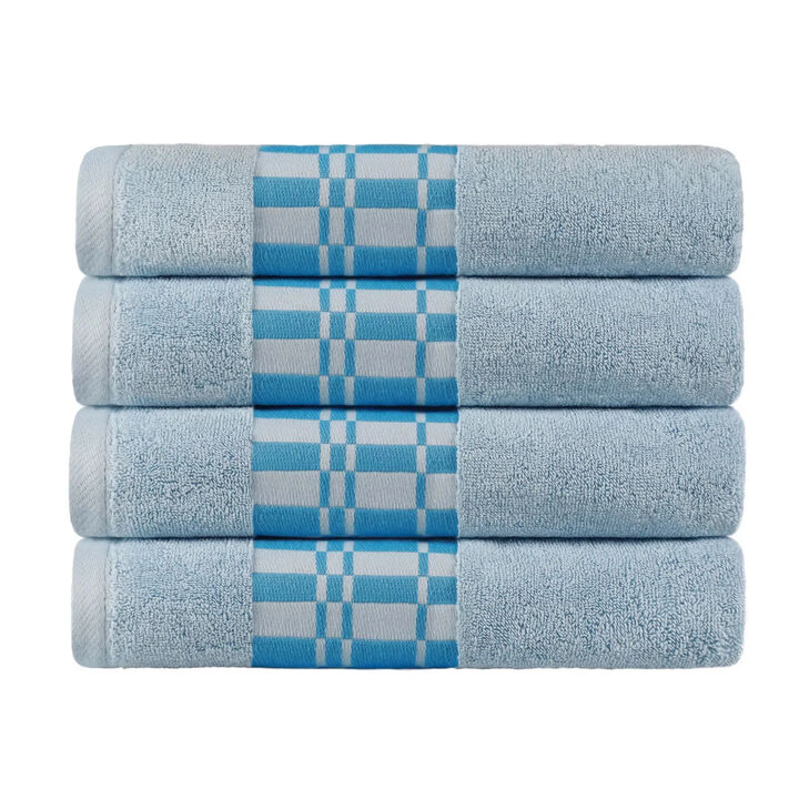 4-Piece Cotton Bath Towel Set with Geometric Border Design