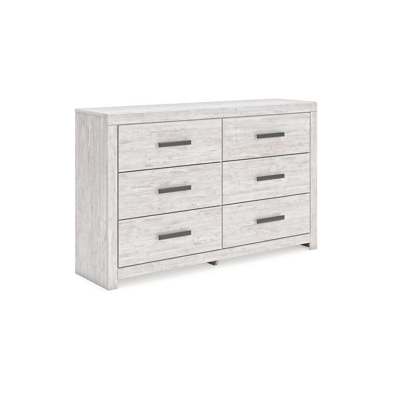 Cany Wide Dresser, 6 Drawers with Black Handles, Vintage Whitewash - Benzara
