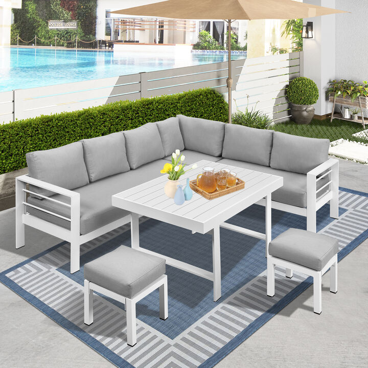 6Pieces Outdoor Dining Set, White Aluminum Frame with Light Grey Cushions