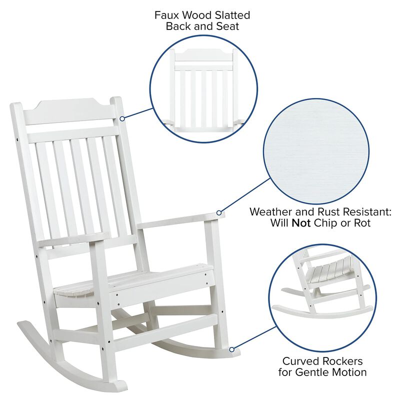Flash Furniture Winston Set of 2 Rocking Chairs with Side Table - White Poly Resin - Weather Resistant