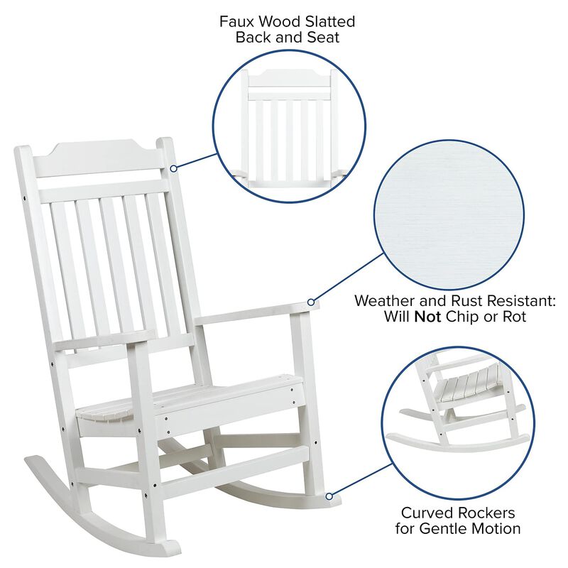 Flash Furniture Winston Set of 2 Rocking Chairs with Side Table - White Poly Resin - Weather Resistant image number 2