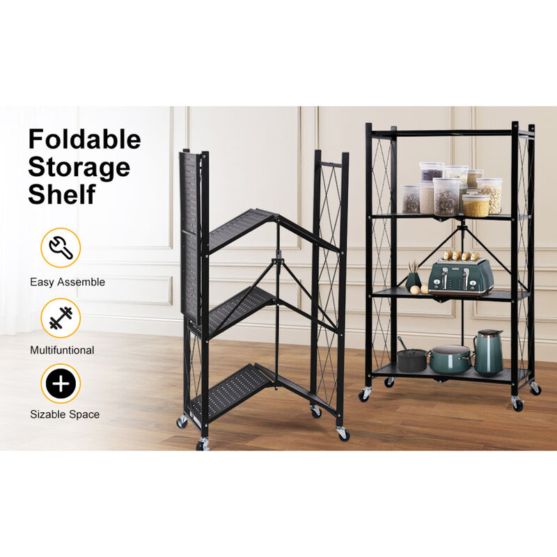 4-Tier Heavy Duty Foldable Metal Rack Storage Shelving Unit with Wheels Moving Easily Organizer Shelves Great for Garage Kitchen Holds up to 1000 lbs Capacity, Black image number 8