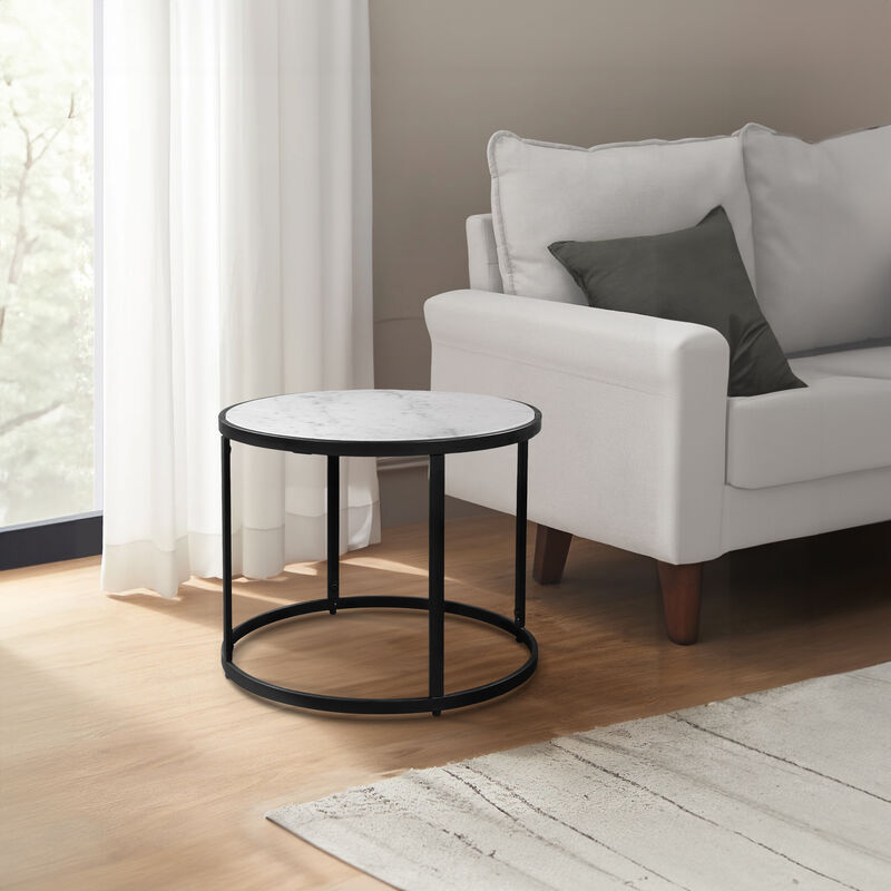 23 Inch Side End Table, Modern Round White Natural Marble Top, Classic Black Iron Frame